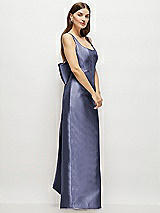 Side View Thumbnail - French Blue Scoop Neck Corset Satin Maxi Dress with Floor-Length Bow Tails