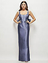 Rear View Thumbnail - French Blue Scoop Neck Corset Satin Maxi Dress with Floor-Length Bow Tails
