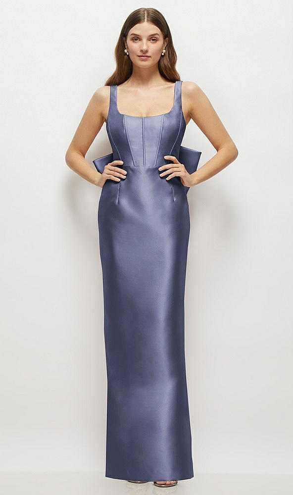 Back View - French Blue Scoop Neck Corset Satin Maxi Dress with Floor-Length Bow Tails