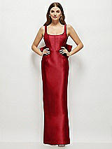 Rear View Thumbnail - Garnet Scoop Neck Corset Satin Maxi Dress with Floor-Length Bow Tails