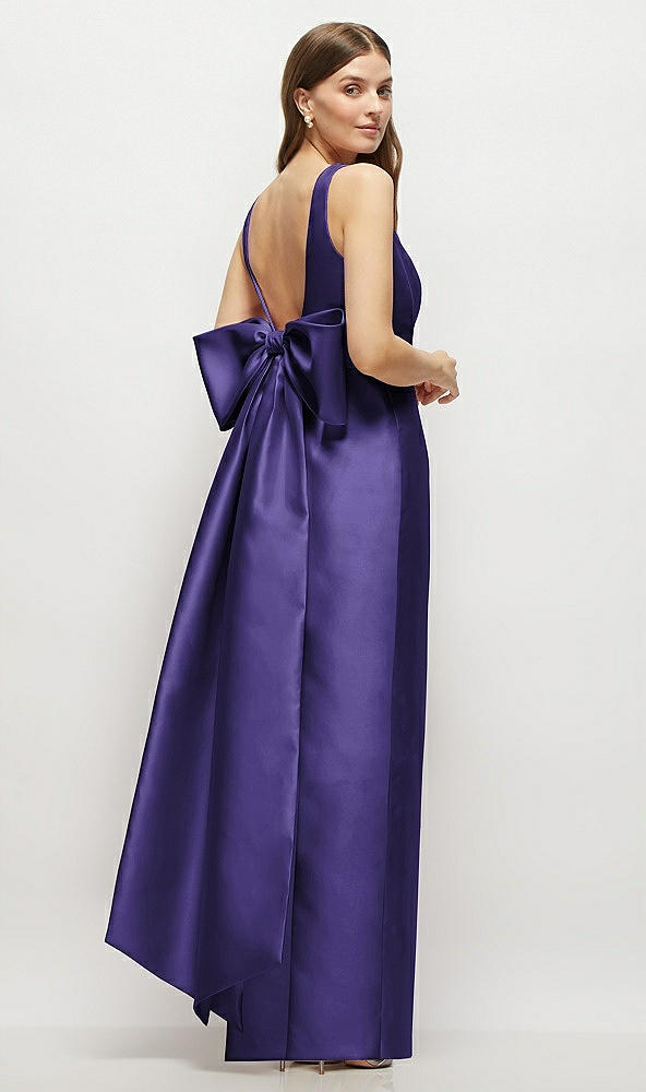 Front View - Grape Scoop Neck Corset Satin Maxi Dress with Floor-Length Bow Tails