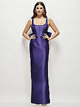 Rear View Thumbnail - Grape Scoop Neck Corset Satin Maxi Dress with Floor-Length Bow Tails