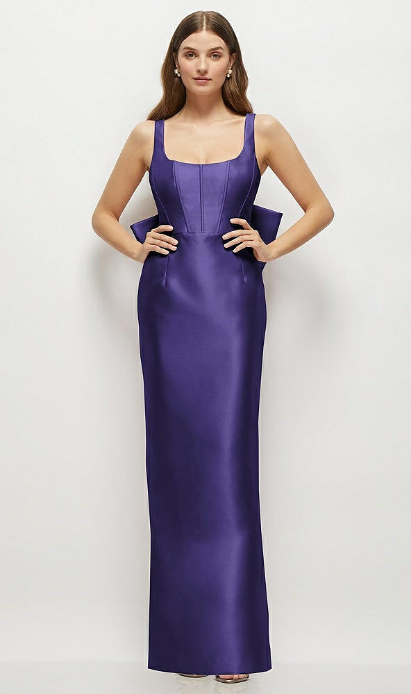 Back View - Grape Scoop Neck Corset Satin Maxi Dress with Floor-Length Bow Tails