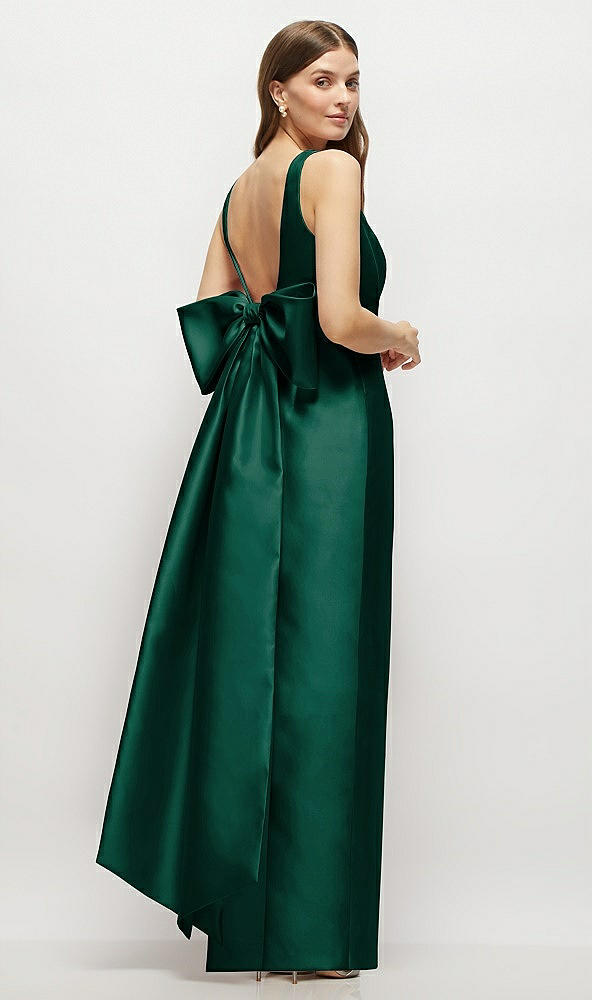 Front View - Hunter Green Scoop Neck Corset Satin Maxi Dress with Floor-Length Bow Tails