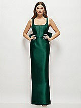 Rear View Thumbnail - Hunter Green Scoop Neck Corset Satin Maxi Dress with Floor-Length Bow Tails