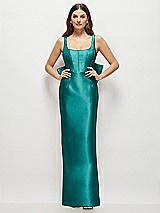 Rear View Thumbnail - Jade Scoop Neck Corset Satin Maxi Dress with Floor-Length Bow Tails