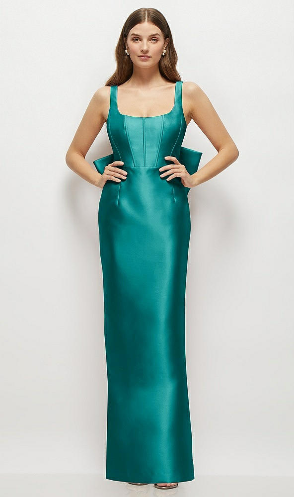 Back View - Jade Scoop Neck Corset Satin Maxi Dress with Floor-Length Bow Tails
