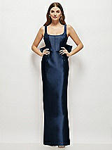 Rear View Thumbnail - Midnight Navy Scoop Neck Corset Satin Maxi Dress with Floor-Length Bow Tails