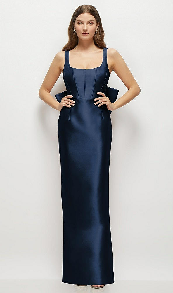 Back View - Midnight Navy Scoop Neck Corset Satin Maxi Dress with Floor-Length Bow Tails