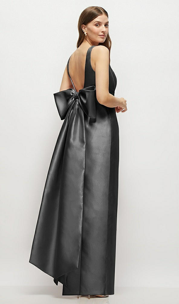 Front View - Pewter Scoop Neck Corset Satin Maxi Dress with Floor-Length Bow Tails