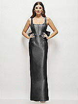 Rear View Thumbnail - Pewter Scoop Neck Corset Satin Maxi Dress with Floor-Length Bow Tails