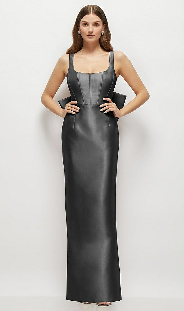 Back View - Pewter Scoop Neck Corset Satin Maxi Dress with Floor-Length Bow Tails