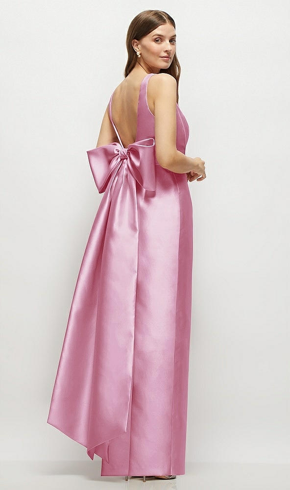 Front View - Powder Pink Scoop Neck Corset Satin Maxi Dress with Floor-Length Bow Tails