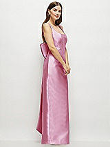 Side View Thumbnail - Powder Pink Scoop Neck Corset Satin Maxi Dress with Floor-Length Bow Tails