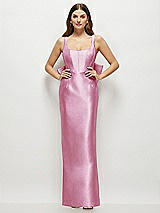 Rear View Thumbnail - Powder Pink Scoop Neck Corset Satin Maxi Dress with Floor-Length Bow Tails