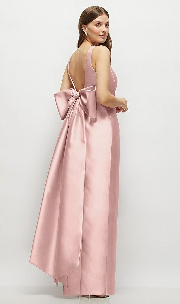 Front View - Rose - PANTONE Rose Quartz Scoop Neck Corset Satin Maxi Dress with Floor-Length Bow Tails