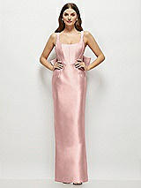 Rear View Thumbnail - Rose - PANTONE Rose Quartz Scoop Neck Corset Satin Maxi Dress with Floor-Length Bow Tails