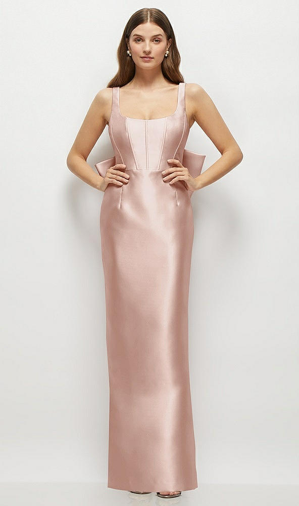 Back View - Toasted Sugar Scoop Neck Corset Satin Maxi Dress with Floor-Length Bow Tails