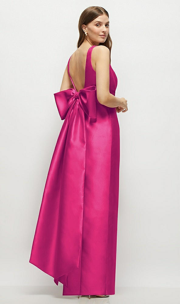 Front View - Think Pink Scoop Neck Corset Satin Maxi Dress with Floor-Length Bow Tails