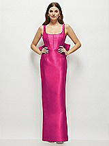 Rear View Thumbnail - Think Pink Scoop Neck Corset Satin Maxi Dress with Floor-Length Bow Tails
