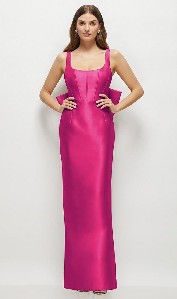 Back View - Think Pink Scoop Neck Corset Satin Maxi Dress with Floor-Length Bow Tails