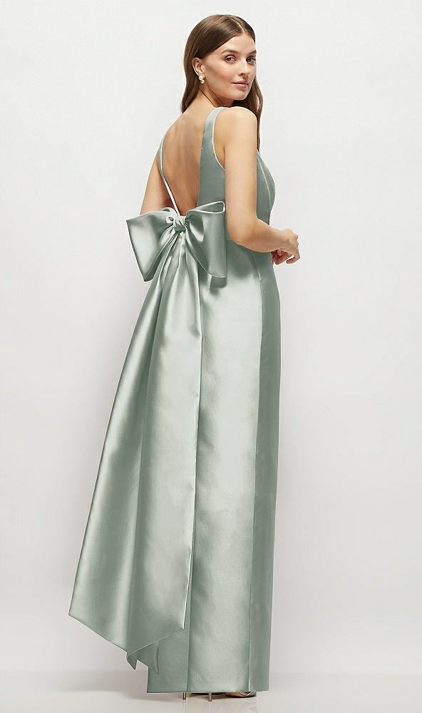 Front View - Willow Green Scoop Neck Corset Satin Maxi Dress with Floor-Length Bow Tails