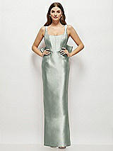 Rear View Thumbnail - Willow Green Scoop Neck Corset Satin Maxi Dress with Floor-Length Bow Tails