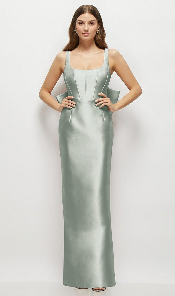 Back View - Willow Green Scoop Neck Corset Satin Maxi Dress with Floor-Length Bow Tails