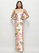 Front View Thumbnail - Butterfly Botanica Pink Sand Floral Scoop Neck Corset Satin Maxi Dress with Floor-Length Bow Tails