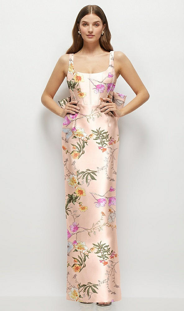 Front View - Butterfly Botanica Pink Sand Floral Scoop Neck Corset Satin Maxi Dress with Floor-Length Bow Tails