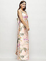 Side View Thumbnail - Butterfly Botanica Pink Sand Floral Scoop Neck Corset Satin Maxi Dress with Floor-Length Bow Tails