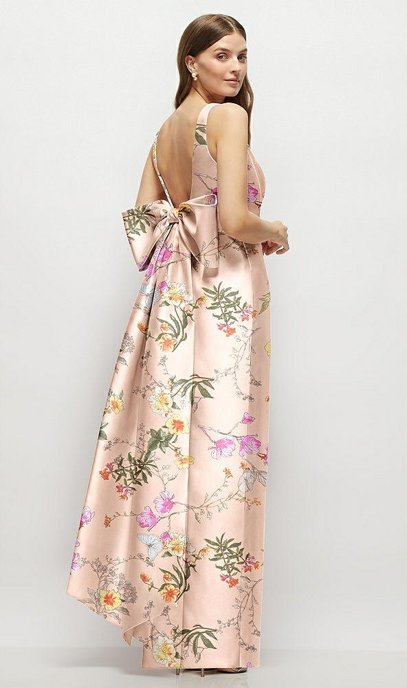 Back View - Butterfly Botanica Pink Sand Floral Scoop Neck Corset Satin Maxi Dress with Floor-Length Bow Tails