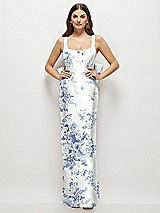 Front View Thumbnail - Cottage Rose Larkspur Floral Scoop Neck Corset Satin Maxi Dress with Floor-Length Bow Tails