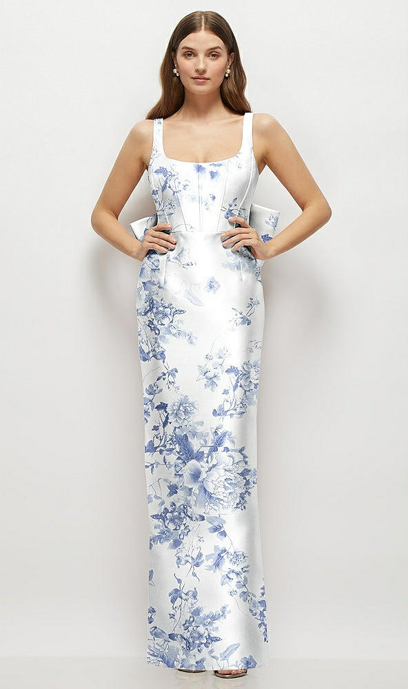 Front View - Cottage Rose Larkspur Floral Scoop Neck Corset Satin Maxi Dress with Floor-Length Bow Tails