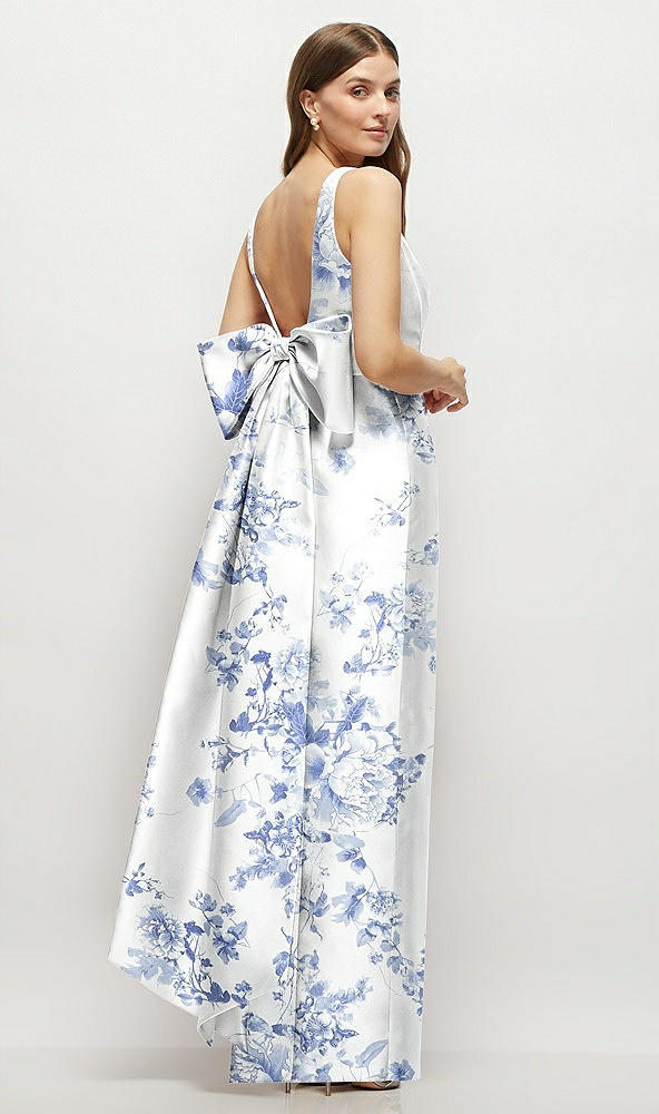 Back View - Cottage Rose Larkspur Floral Scoop Neck Corset Satin Maxi Dress with Floor-Length Bow Tails