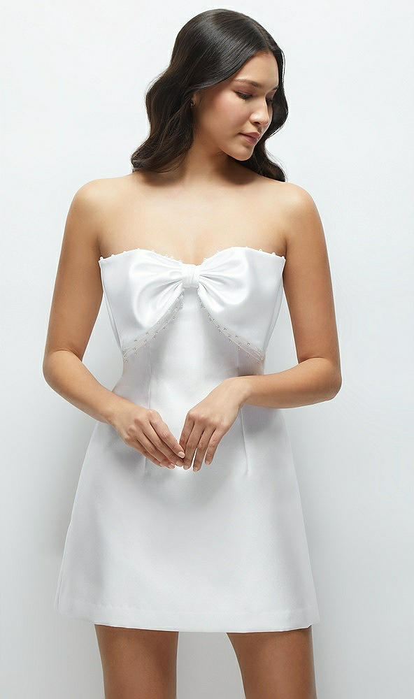 Front View - White Oversized Bow Strapless Little White Mini Dress with Pearl Accents