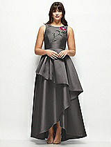 Front View Thumbnail - Caviar Gray Beaded Floral Bodice Satin Maxi Dress with Layered Ballgown Skirt