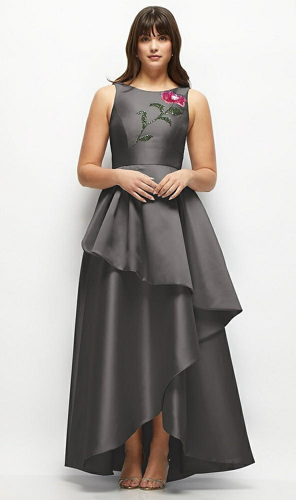 Front View - Caviar Gray Beaded Floral Bodice Satin Maxi Dress with Layered Ballgown Skirt