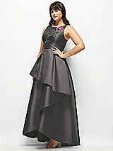 Side View Thumbnail - Caviar Gray Beaded Floral Bodice Satin Maxi Dress with Layered Ballgown Skirt