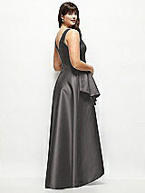 Rear View Thumbnail - Caviar Gray Beaded Floral Bodice Satin Maxi Dress with Layered Ballgown Skirt