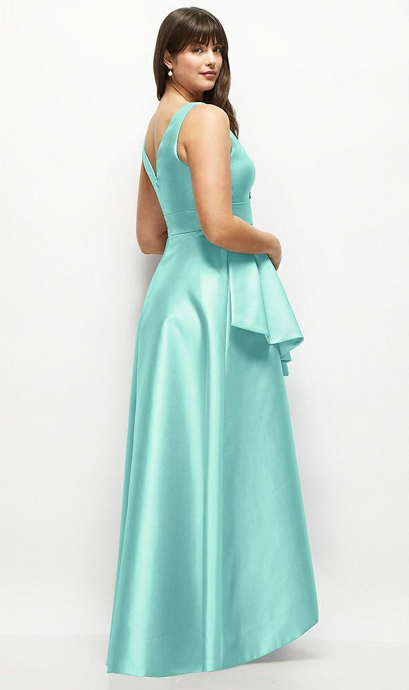 Back View - Coastal Beaded Floral Bodice Satin Maxi Dress with Layered Ballgown Skirt