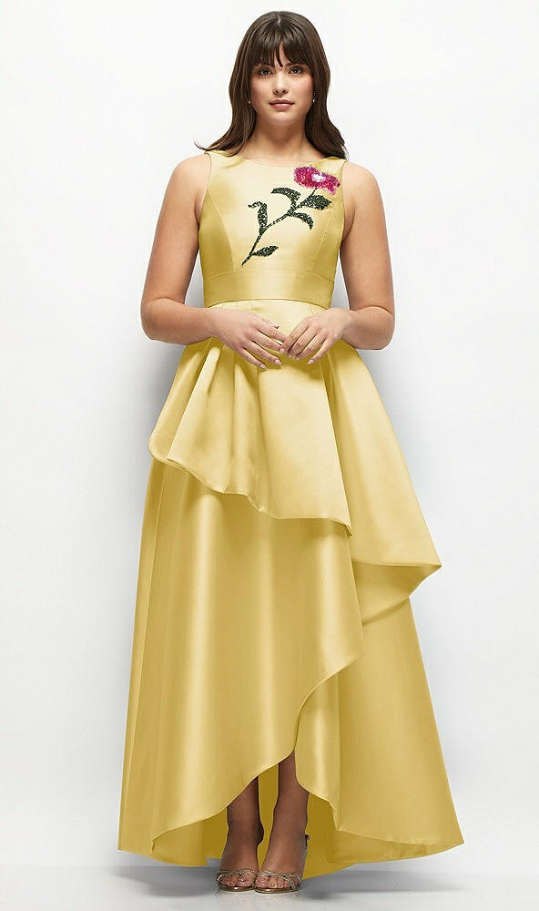 Front View - Maize Beaded Floral Bodice Satin Maxi Dress with Layered Ballgown Skirt