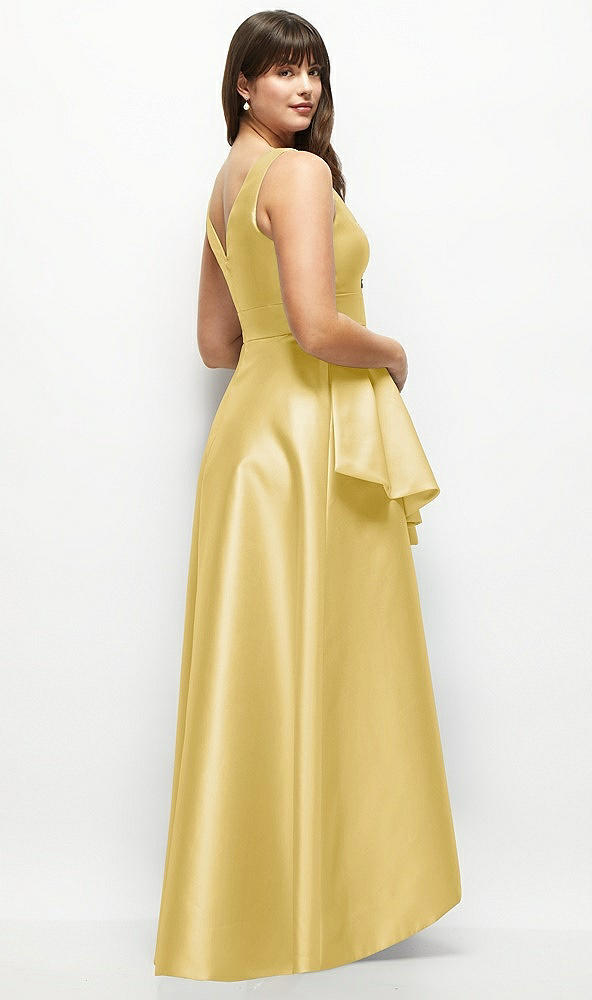 Back View - Maize Beaded Floral Bodice Satin Maxi Dress with Layered Ballgown Skirt