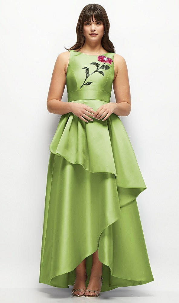 Front View - Mojito Beaded Floral Bodice Satin Maxi Dress with Layered Ballgown Skirt