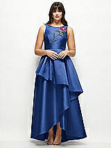 Front View Thumbnail - Classic Blue Beaded Floral Bodice Satin Maxi Dress with Layered Ballgown Skirt