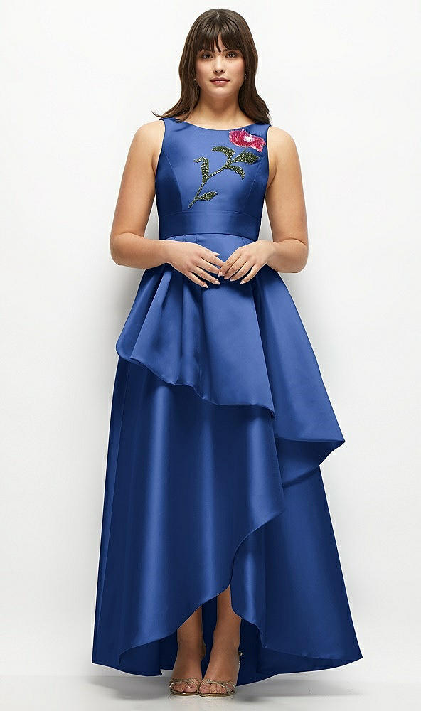 Front View - Classic Blue Beaded Floral Bodice Satin Maxi Dress with Layered Ballgown Skirt