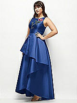 Side View Thumbnail - Classic Blue Beaded Floral Bodice Satin Maxi Dress with Layered Ballgown Skirt