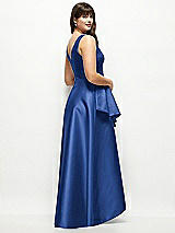 Rear View Thumbnail - Classic Blue Beaded Floral Bodice Satin Maxi Dress with Layered Ballgown Skirt