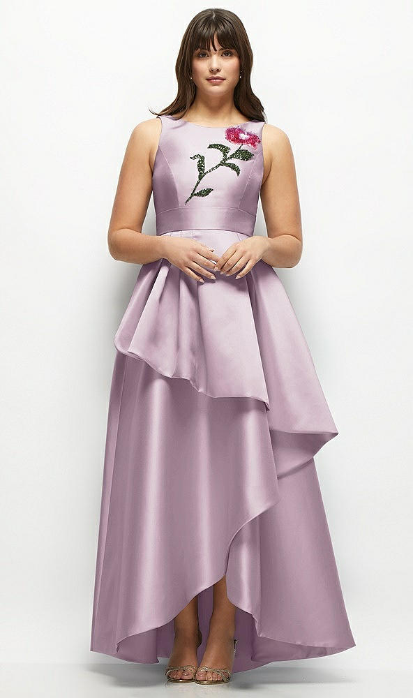 Front View - Suede Rose Beaded Floral Bodice Satin Maxi Dress with Layered Ballgown Skirt