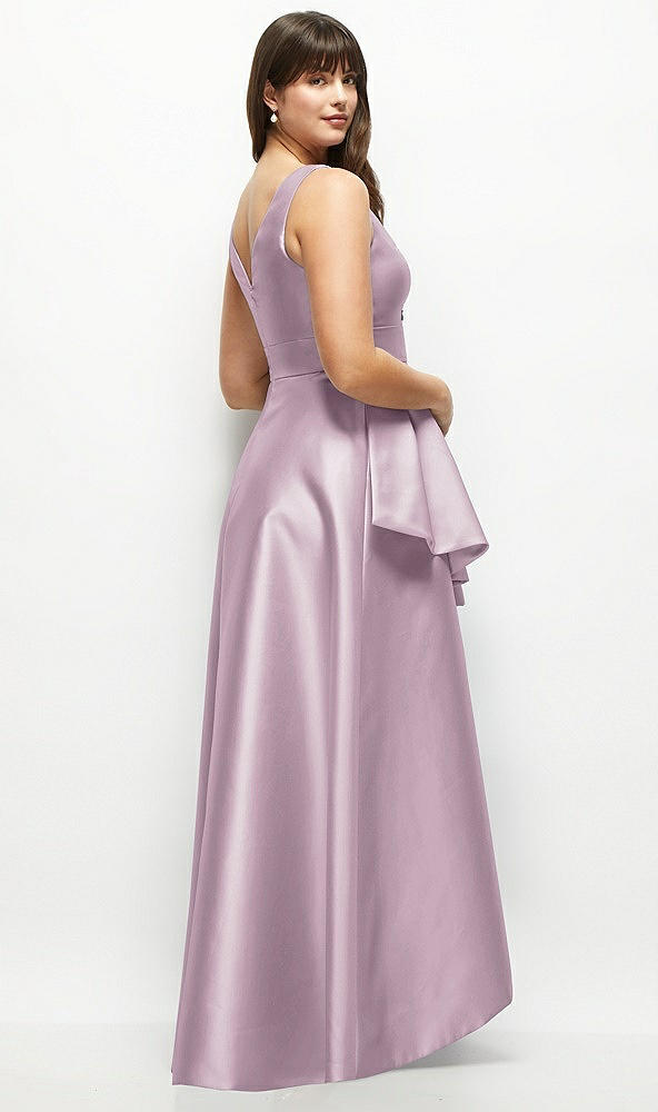 Back View - Suede Rose Beaded Floral Bodice Satin Maxi Dress with Layered Ballgown Skirt